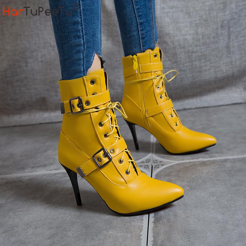 Autumn Winter 2025 Mid-Calf Boots Women Pointed Toe Super High and Thin Heel Shoes Buckle Cross-Tied Decorate Size 3~19 Footwear