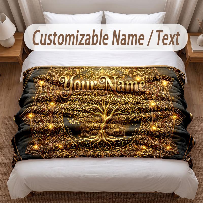 Tree of Life Theme Soft Blanket Personalized Custom Name Text Print Warm Blanket Home Sofa Bedroom Decor