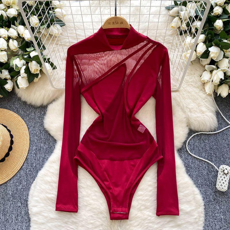 

Fashion Jumpsuit Women s Stylish Asymmetrical Sheer Mesh Slim Fit Patchwork Long Sleeves Bottoming Shirt Fashionable Jumpsuit Burgundy S