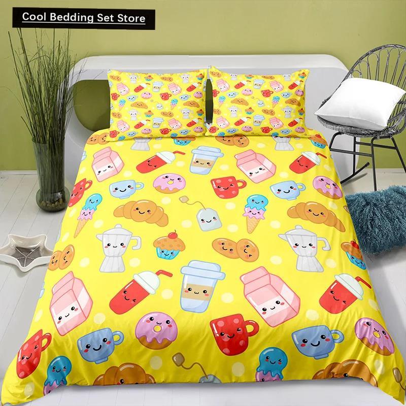 Härligt tecknat mat kung drottning påslakan pärlmjölkste sängklädesset barn tonåringar vuxna efterrätt pommes frites cola polyester täcke