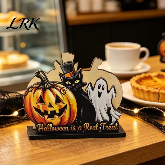 Pink Pumpkin Table Decoration Halloween Wooden Napkin Holder, Cute Pastel Ghost Black Cat Tabletop Tissue Dispenser, Waterproof Holder Decorative