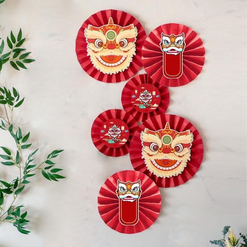 Chinese Lion Fan Home Decoration 2025 New Year Fan Flower Pendant Paper Craft Lion Background Wall Decor Housewarming Decoration