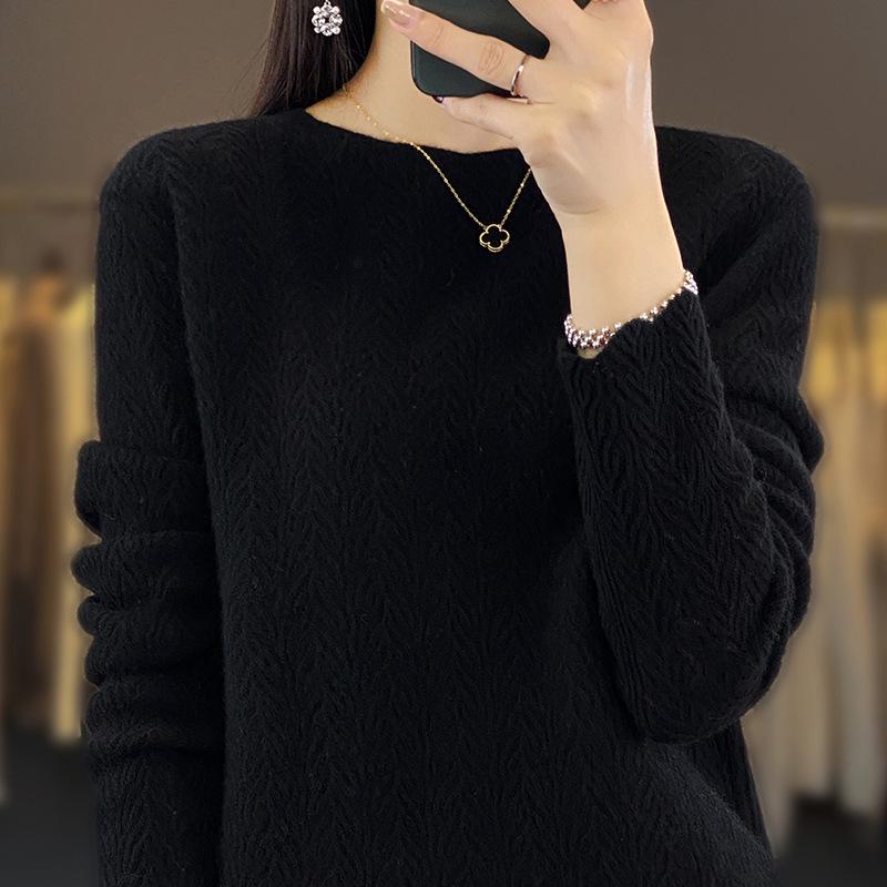 Women's 100% Pure Wool Loose Knit Hollow-Out Pullover Sweater