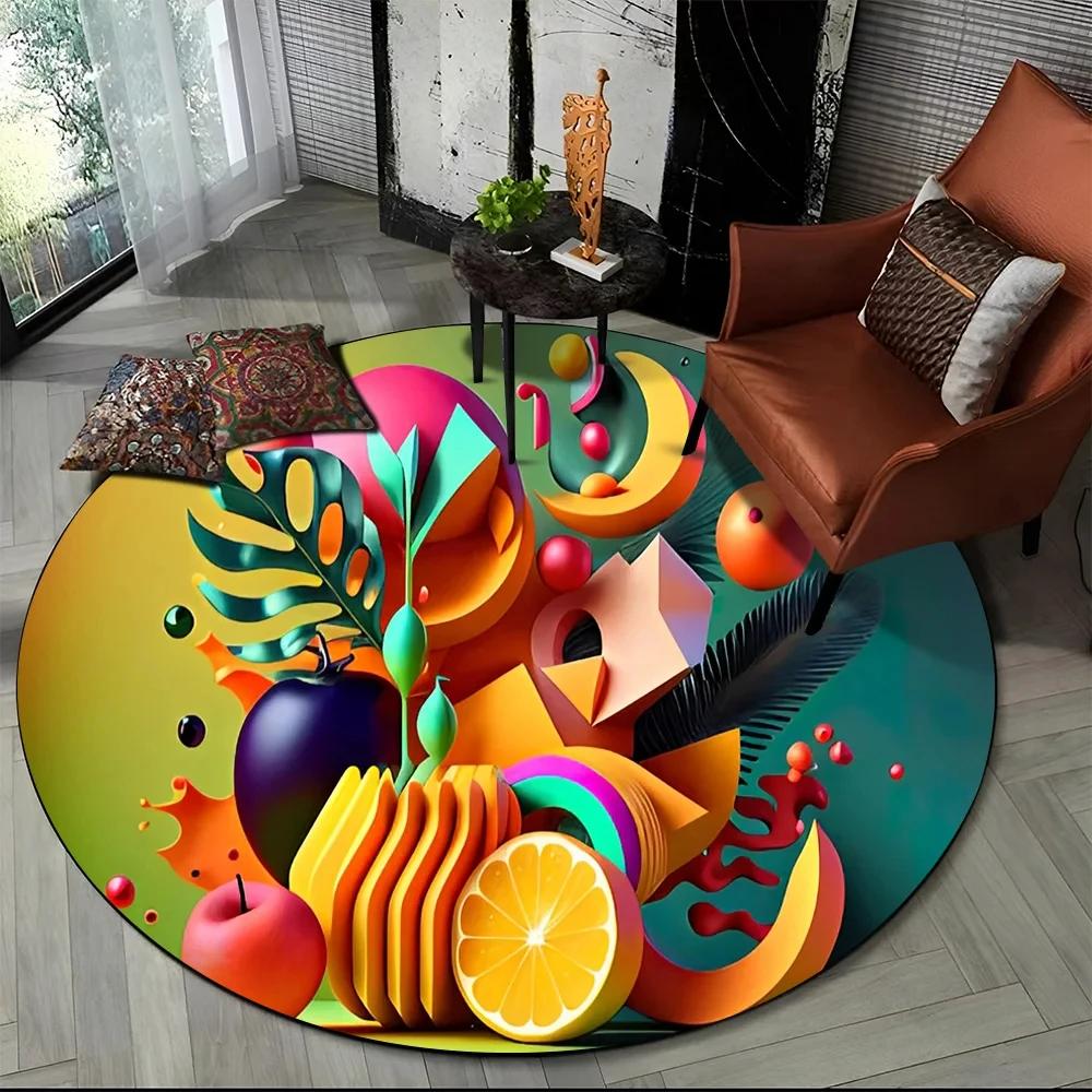 3D Niedlicher Tropenfrucht-Druck Runder Teppich Cartoon Früchte Teppich für Wohnzimmer Schlafzimmer Spielzimmer Badezimmer Dekor Rutschfeste Bodenmatte