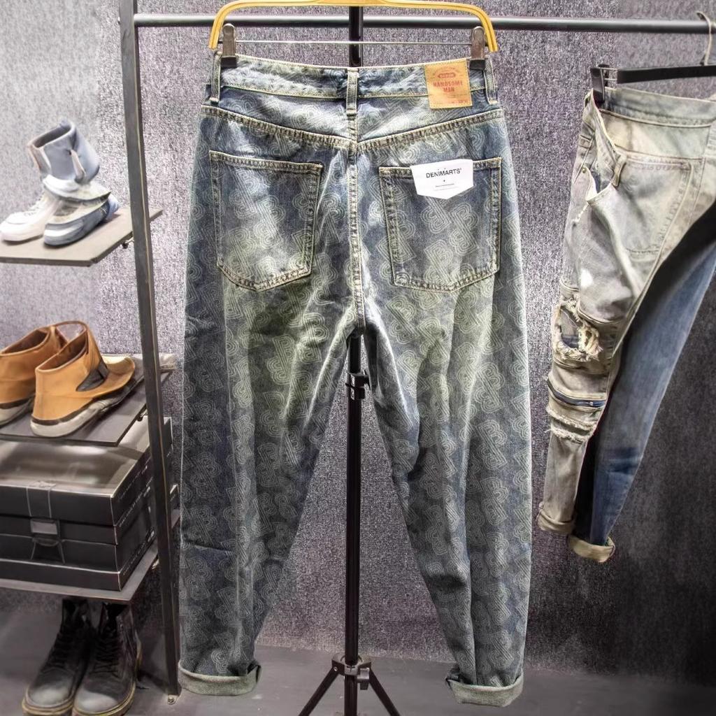 JYL Mens Jeans High Street Lightning Cropped Straight Wide Leg Denim