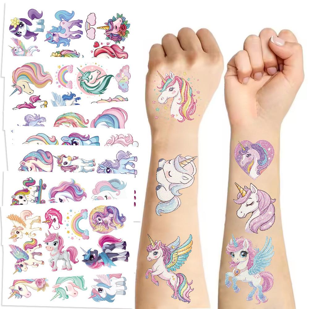 New Cartoon Unicorn Series Flash Powder Tattoo Stickers Waterproof Children's Party Gifts Funny and Interesting