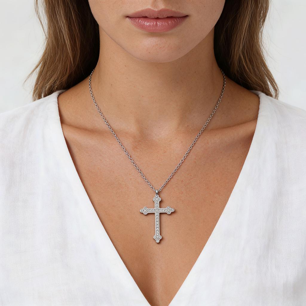 Sweet Cool Hip Hop Zircon Cross Necklace Titanium Steel Necklace Does Not Fade Hip Hop Gothic Men'S Necklace