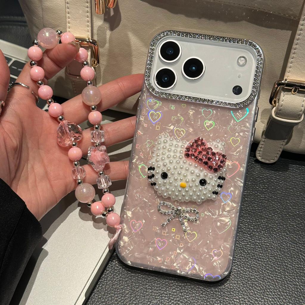 Applicable to Apple 17promax cute mobile phone case iphone15 large hole love shell pattern kt cat head 14 bracelet