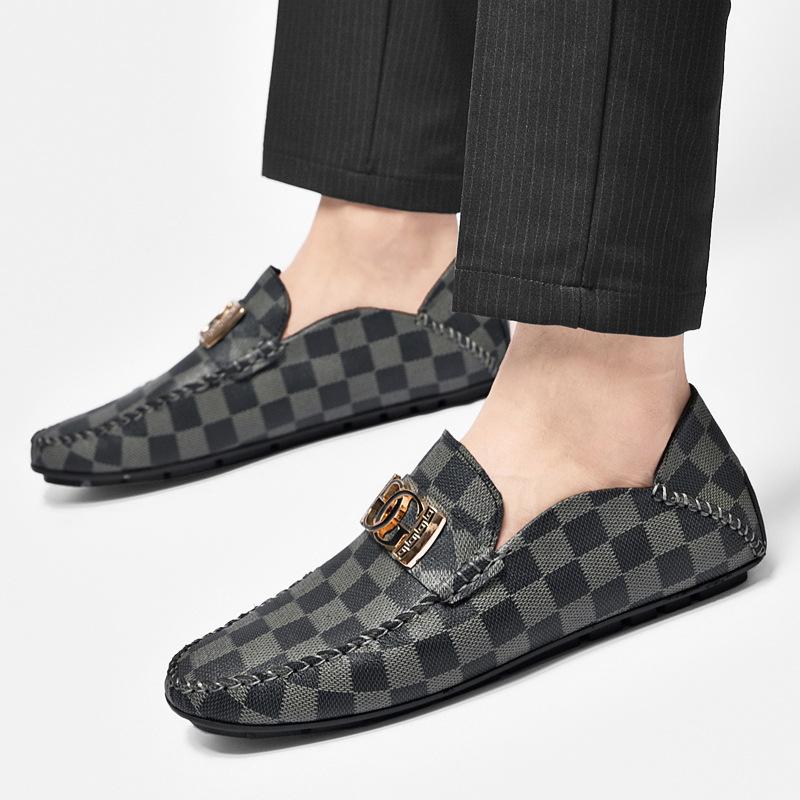 0022 Men'S Shoes Loafer Leather Shoes One-Pedal Flat-Soled Casual Doudou Shoes Spring Low-Top Foot Plaid Cowhide Surface Single Shoes