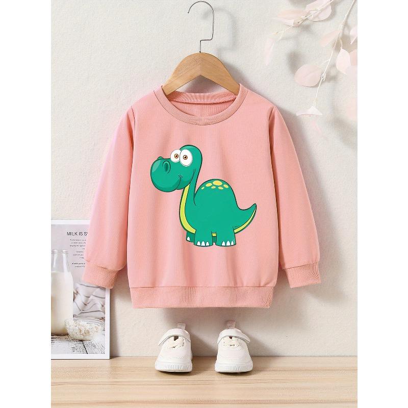 Kids Dinosaur Graphic Crew Neck Sweatshirt - Casual Pullover with Applique, Regular Fit, Slight Stretch - Perfect for Spring/Fall Season