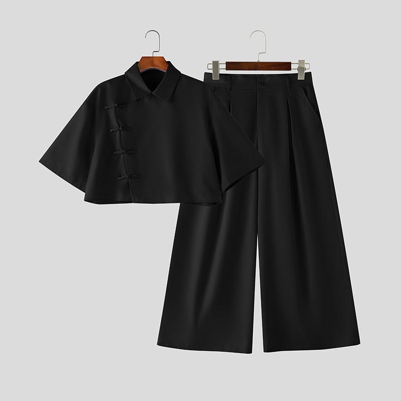 INCERUN Two Pieces Summer Men Lapel Neck Short Sleeve Cropped Tops and Pants Sets S