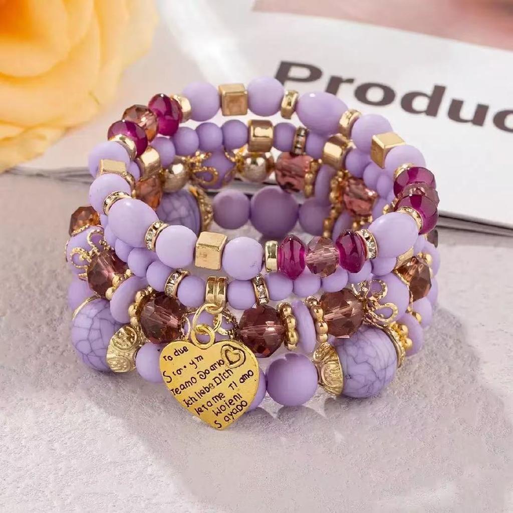 Bohemian-style Bracelet Set with A Fashionable Heart-shaped Pendant; Ethnic-style Multi-layered Crystal Elastic Bracelet