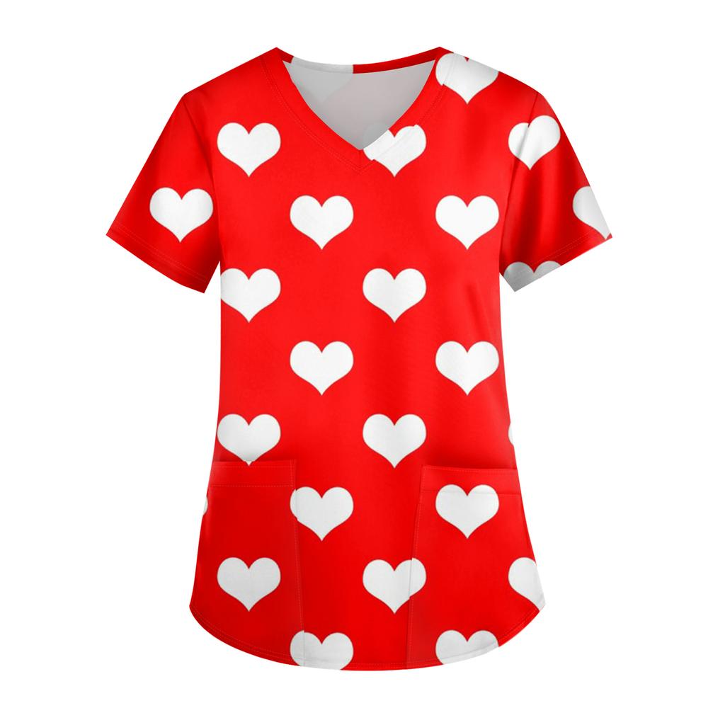 Ladies' Valentine's Day Printed Fashionable V-neck Pocket Short Sleeved  Uniform And Caregiver Top