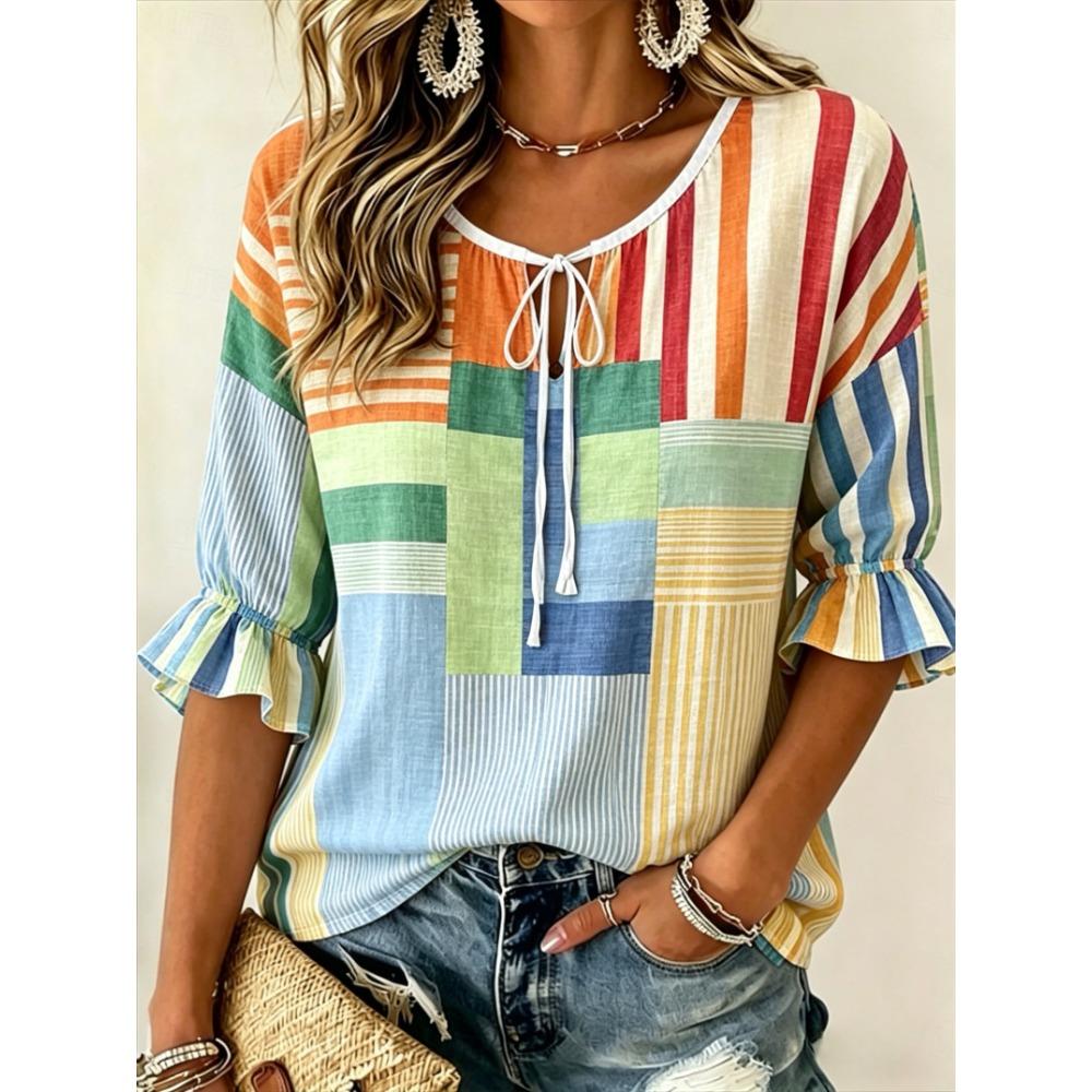 Women's Multicolor Patchwork Striped Print Tie Neck Blouse, Casual Loose Tops for Spring Summer Daily Wear & Vacation Occasions