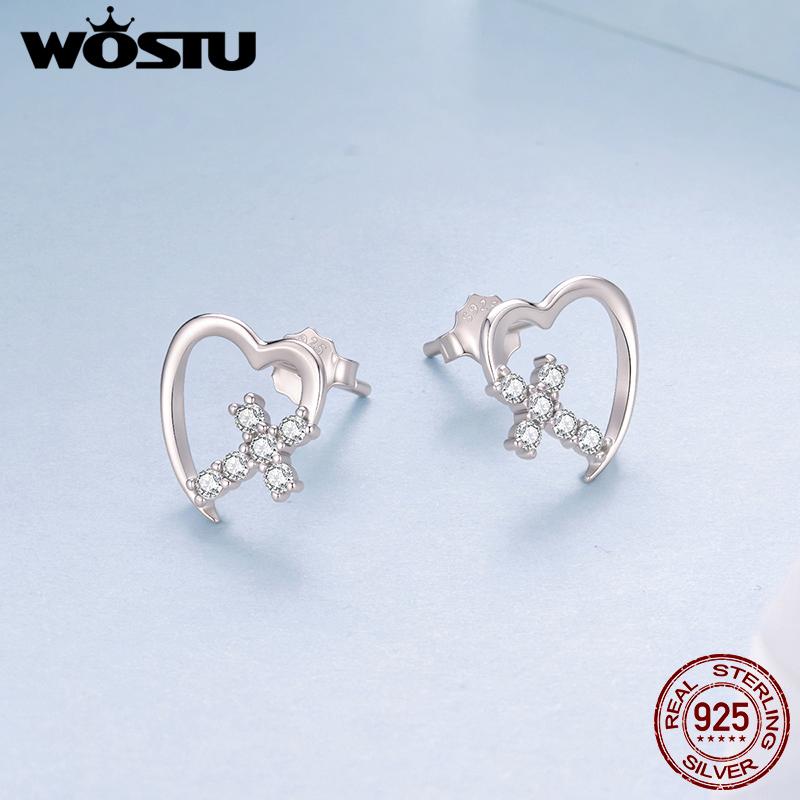 WOSTU 925 Sterling Silver 10MM Heart Cross Earrings Dainty AAA CZ Studs Minimalist Love Faith Jewelry for Women Girls BSE1310