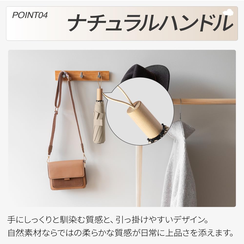 Folds In 3 Seconds with Memory Folding Highly Fiberglass Stylish Natural Wood Handle Foam, Women's Umbrella, Water-Repellent, Teflon-Coated,