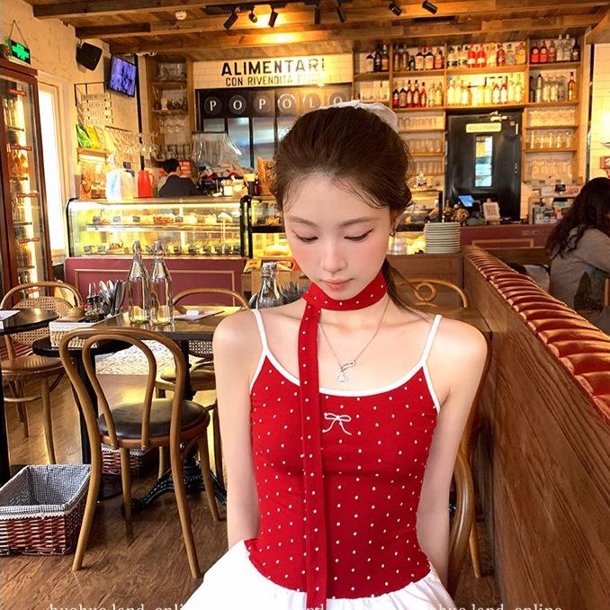 Elegant Halter Polka Dot Pleated Cami Top - Spring 2025 Waist-Hugging Style