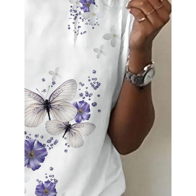 European Sizes 3D Printing, Casual T-shirt, Women's Butterfly Printed Short Sleeved Round Neck T-shirt, Fashionable and Comfortable Women's T-shirt