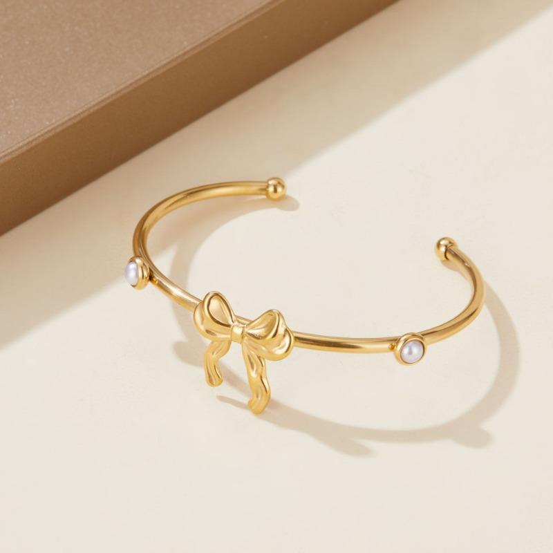 Gold Bow Pearl Open Cuff Bangle Bracelet for Women