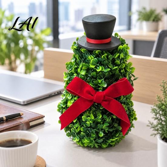 Artificial Snowman Topiary Tree with Red Bow & Santa Hat for Indoor Outdoor Christmas Porch Decorations Holiday Decoration Realistic Plastic Potted