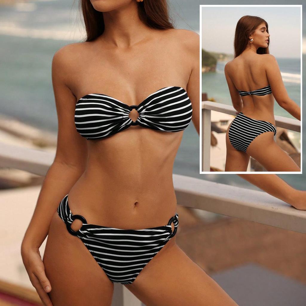 Black & White Striped Bandeau Bikini - Sexy Fashion Swimwear