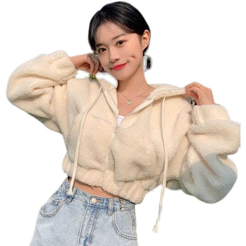 

Короткий свитер с капюшоном и молнией из плюша ягненка, женское осенне-зимнее пальто