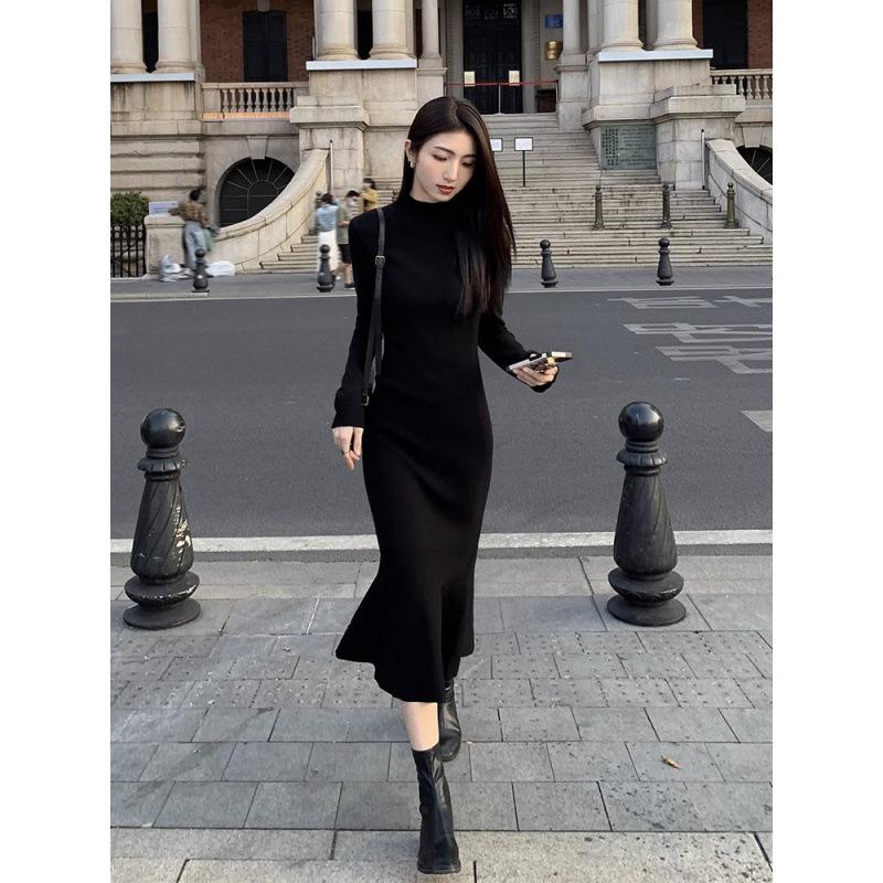 Autumn and winter with a coat, high-end sense, thin semi-turtleneck black dress, temperament fishtail skirt inside