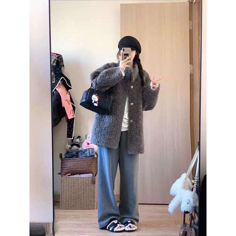 Mid-length Fur One-piece Coat Women's Winter Loose Lamb Wool Coat Fur Collar