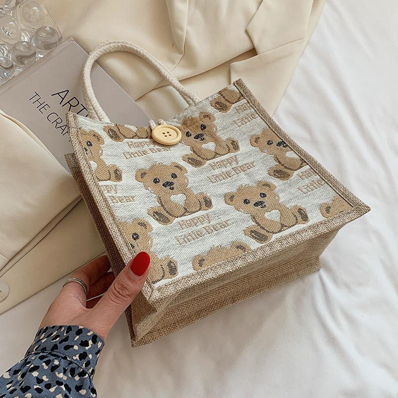 New linen handbag portable large capacity handbag bear student lunch bag small fresh shoulder handbag