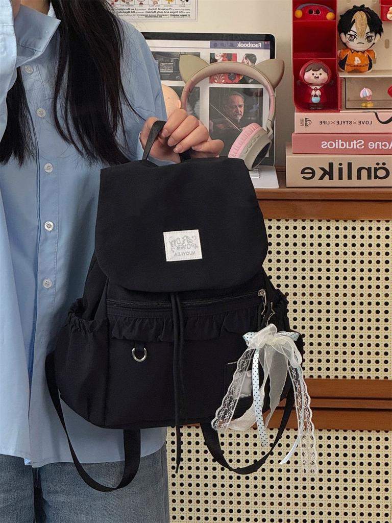 Schoolbag Korean ins milk mist blue yarn with lace bow drawstring backpack sweet little fairy traveling shopping small backpack