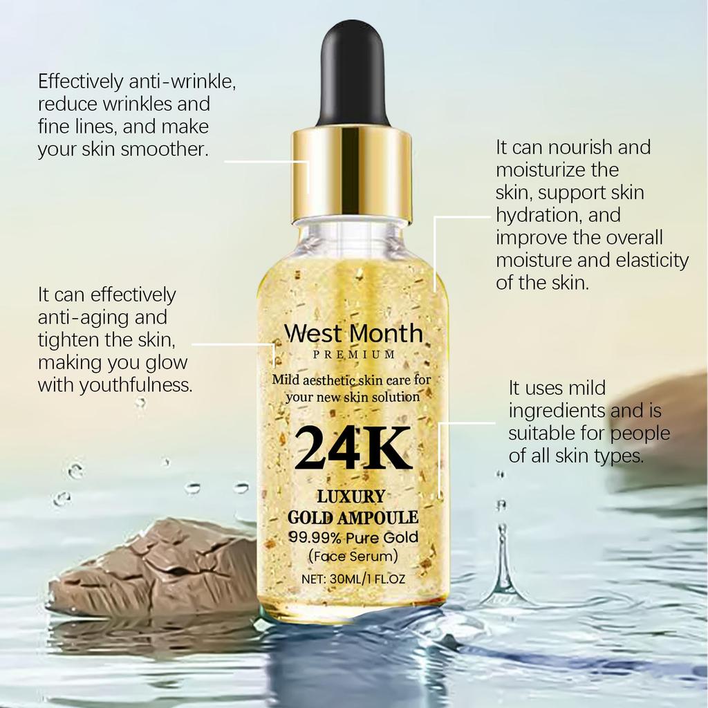 West&Month 24K Gold Anti-Wrinkle Serum 30ml Hyaluronic Acid Serum Reduces Wrinkles, Firms and Tightens Nourishes and Hydrates Facial Skin