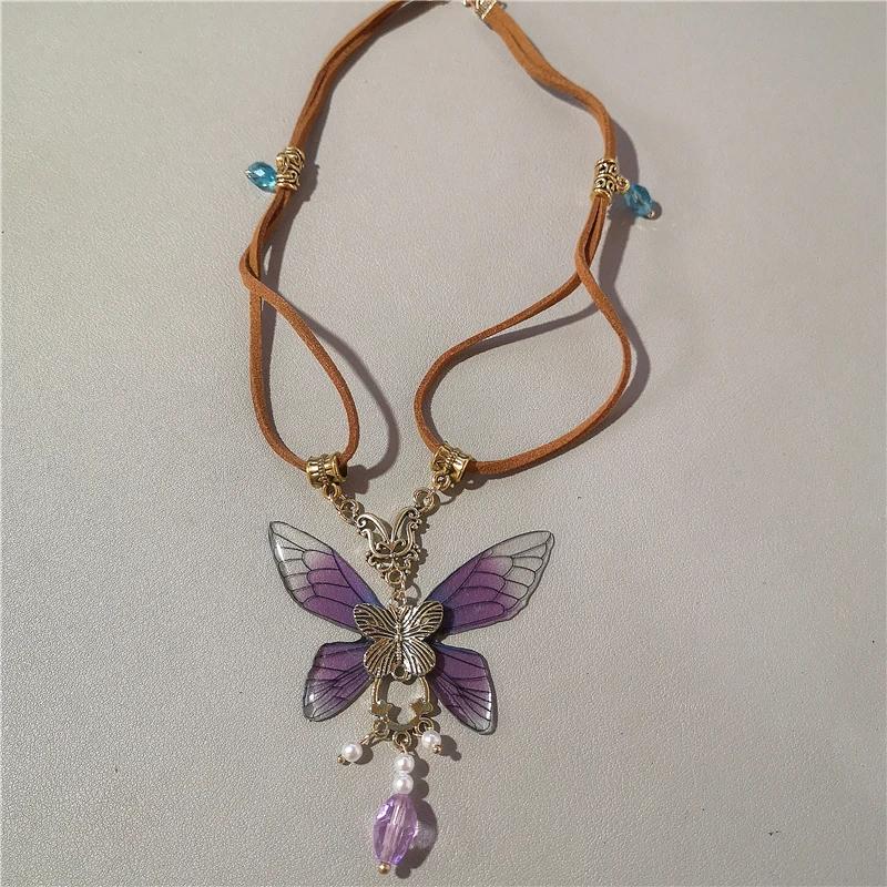 Fashion Vintage Purple Resin Butterfly Pendant Brown Leather Rope Necklace For Women Y2K Goth Unique Neck Chain Jewelry Gifts