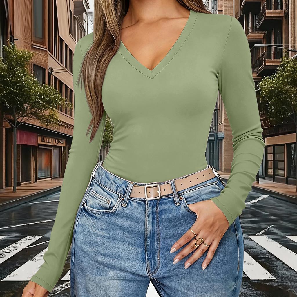 Women's Color V,Neck Slim,Fit Long,Sleeve Top