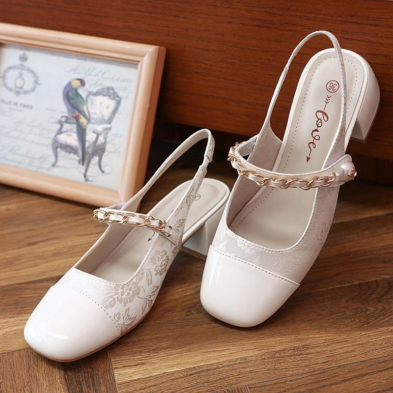 Baotou printed sandals summer new light mouth pearl buckle single shoes thick heel Mary Jane women's shoes women's
