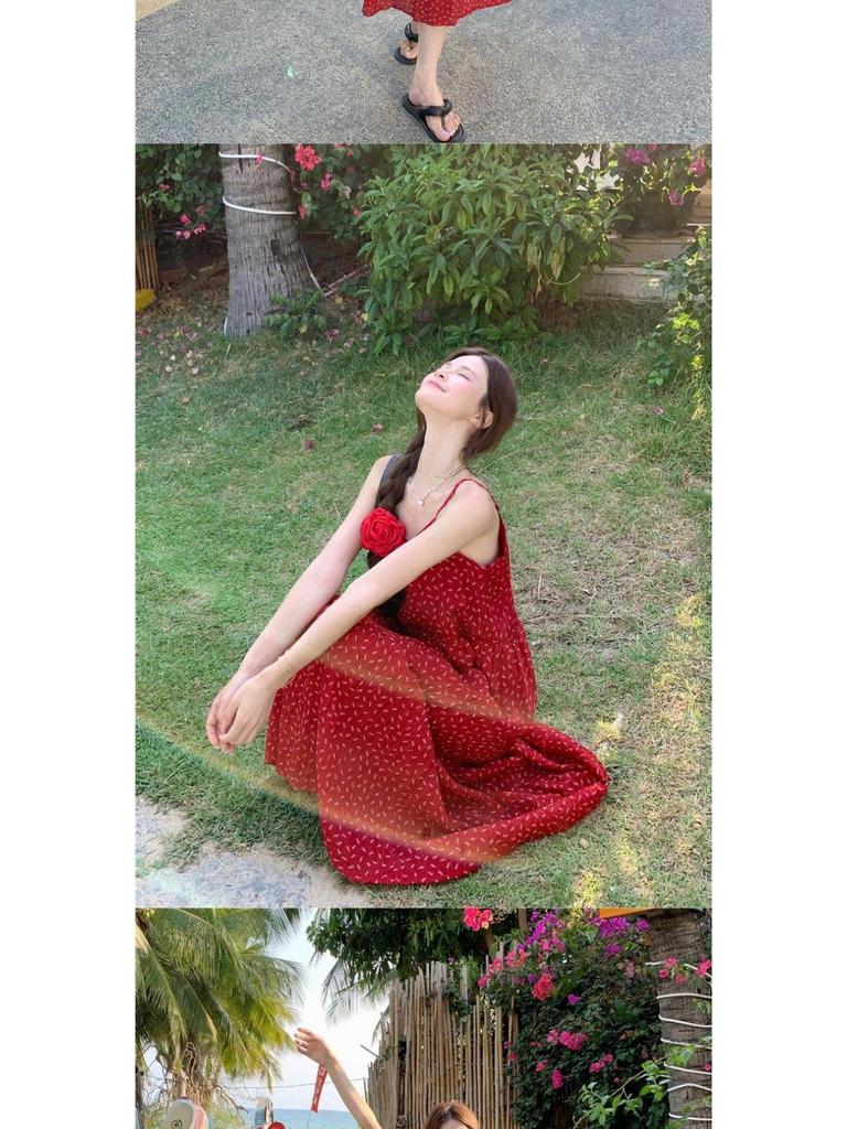 Spring 2025 French Floral Red A-line Spaghetti Strap Dress for Women