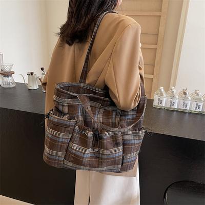 Woolen Plaid Large Bag Women'S Fashion Large Capacity Shoulder Bag Leisure Student Commuter Tote Bag