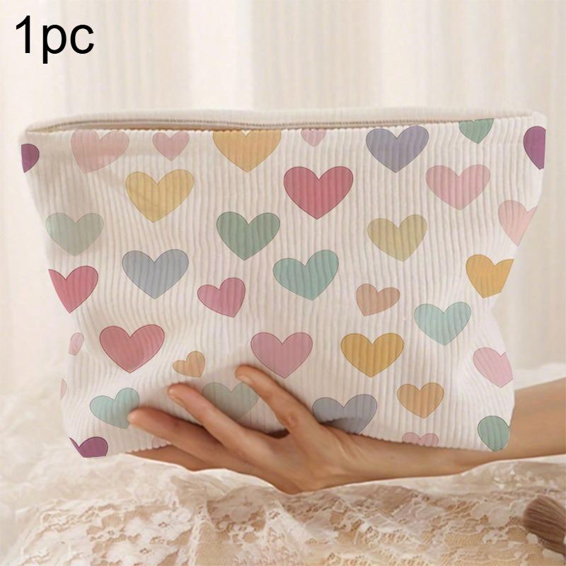 

1pc Corduroy Makeup Bag Heart Pattern Large Capacity Cosmetic Pouch Zipper Portable Toiletry Storage Bag for Women