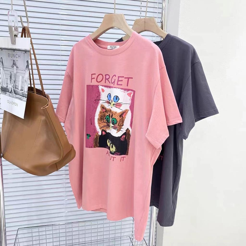 Übergroßes Cartoon-Katzen-T-Shirt aus reiner Baumwolle mit kurzen Ärmeln für Damen im Sommer Neues lockeres und modisches Design Nischen-Top
