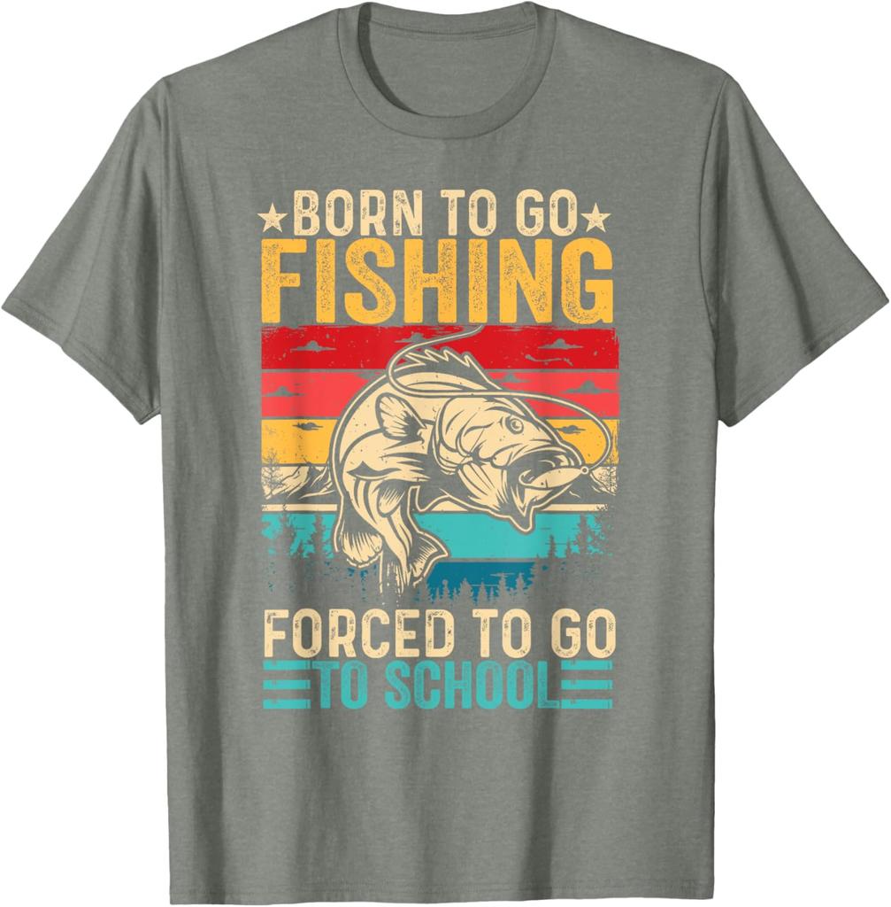Born To Go Fishing Forced To Go School Graphic TShirt Retro Sunset Lake Trees Men Casual Tee