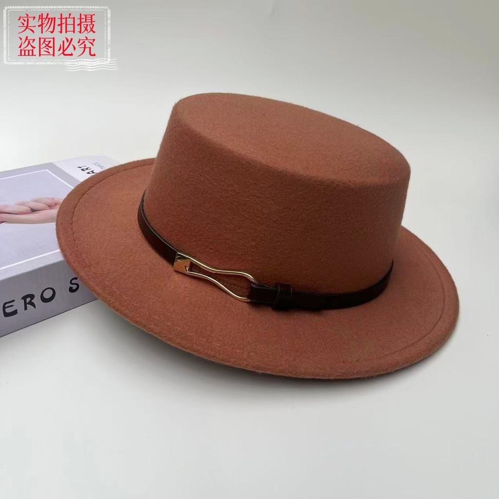 New Belt Buckle Woolen Hat British Retro Autumn and Winter Hat Men's and Women's Trendy Versatile Wide-brimmed Flat Top Top Top Hat