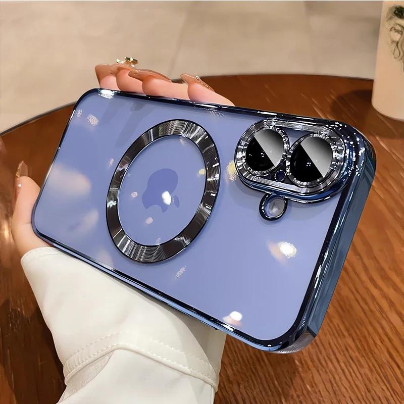 New Color Clear Glass Lens Protector Phone Case for iPhone 15 11 12 13 14 16 Pro Max Plus X XR XS Max Magnet Soft Magsafe Cover