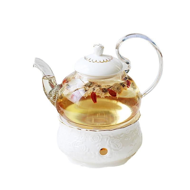 British Style Light Luxury Flower Teapot Tea Set Candle Heating Base Set Heat-resistant Glass Afternoon Tea Flower Fruit Teapot