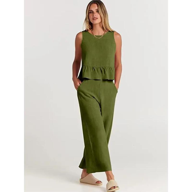 Summer Two Piece Set Women Casual Sleeveless Pleated Pants Sets Wide-leg Loose Clothes 2 Piece Sets O Neck Trouser Suits