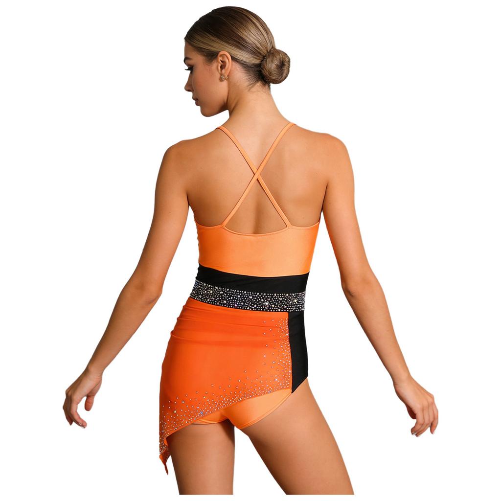 Womens Figure Skating Sling Bodysuit Sparkle Rhinestone Ruched Irregular Mesh Overlay Color Block Leotard