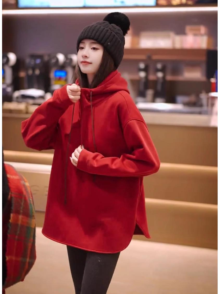 

Женская толстовка средней длины с капюшоном на флисовой подкладке, Осень/Зима 2024, Свободная посадка, Универсальный базовый слой Large красный