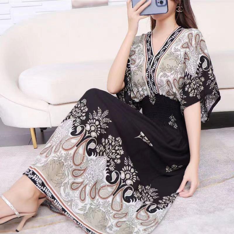 Ethnic Style V-neck Cotton and Silk Short-sleeved Beach Dress Thailand Travel Dress Summer Print Vacation Floral Skirt