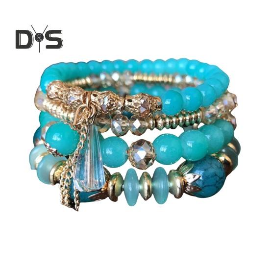 5-teiliges Damen-Armbandset mit Kunstkristallen, glatt, mit mehreren Anhängern, Schmuck im Retro-Boho-Stil mit elastischer Kordel, mehrlagiges stapelbares Armbandset