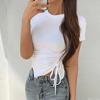Ladies Summer Short Sleeve Round Collar Solid Color Drawstring Irregular Bodycon Pullover Casual T Shirt Top