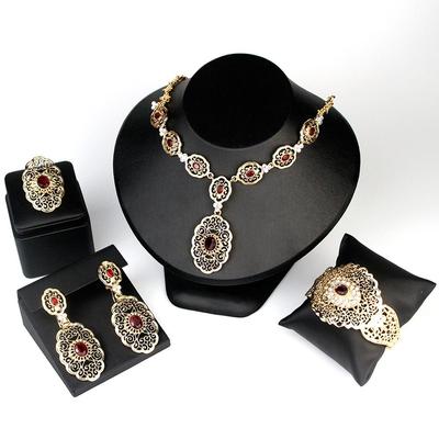 Ensembles de Bijoux de mariage de mariée couleur or pour femmes, Bracelet rond en cristal, bague, boucle d'oreille, collier, Bijoux Arabesque