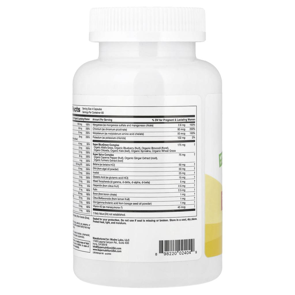 Super Nutrition Multivitamin for Pregnant Women, with Super Green Vegetables and Spices, 240 Veggie Capsules